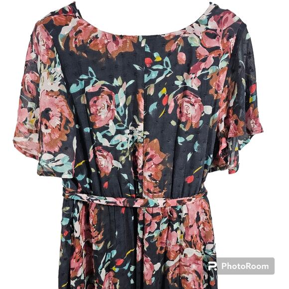 Torrid Faux Wrap Hi-Low Midi Dress Swiss Dot Floral Dark Gray and Pink L/12/0 - Picture 6 of 13